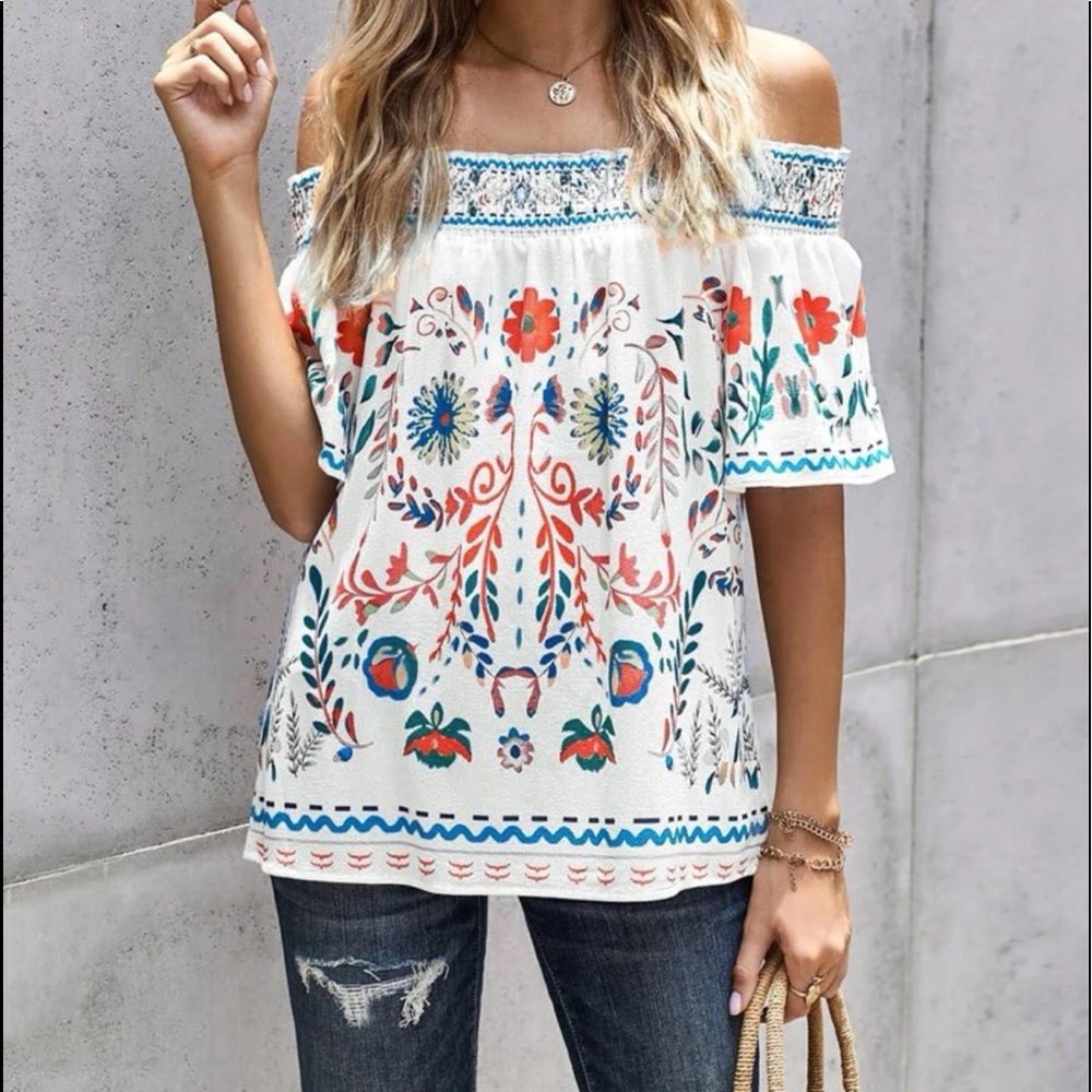 Boho floral print off shoulder blouse Red - Picture 6 of 10